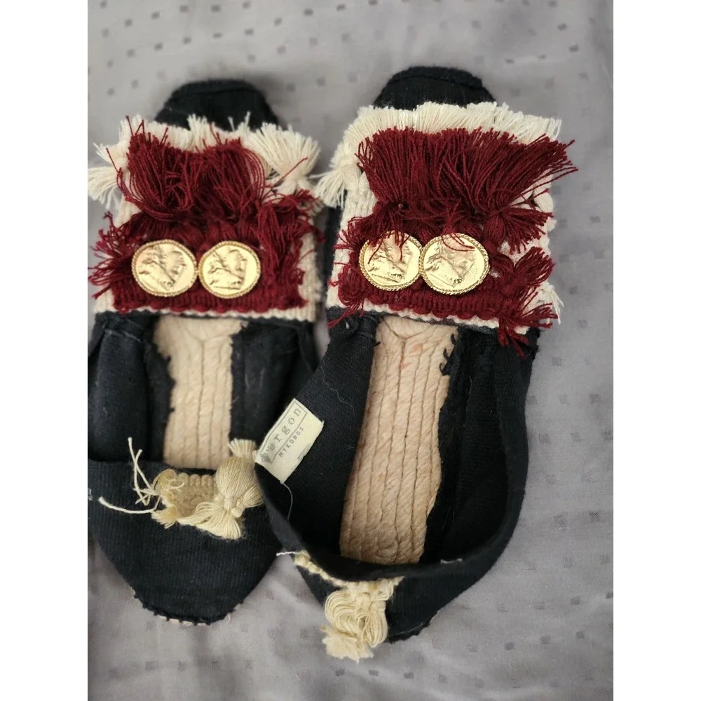 Ergon Mykonos Espadrilles Black Canvas Fringe Gold Coin Flats Spain Size 37 US 7